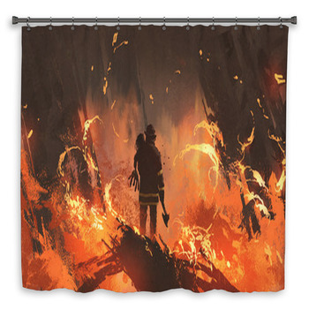 Firefighter Holding Girl Standing In Shower Curtain