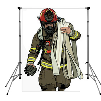 Firefighter With Fire Hose Over Pole Pocket Backdrop