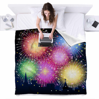Fireworks On City Skyline-Vector Fleece Bed Blanket