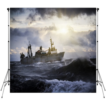 Fishing Ship In Strong Storm. Fleece Backdrop