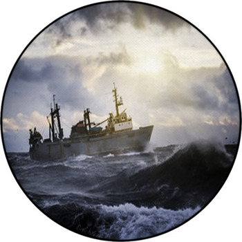 Fishing Ship In Strong Storm. Round Rug