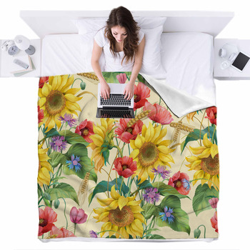 Flowers And Ears Sunflower Fleece Bed Blanket