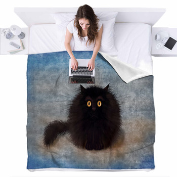 Fluffy Black Mad Kitten On Blue Fleece Bed Blanket