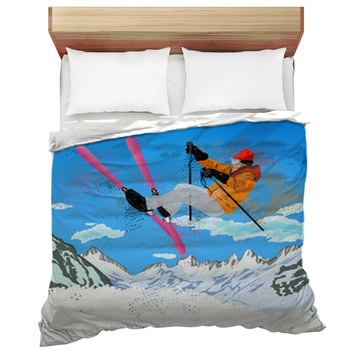 Ski Duvet Cover 3 Pieces Extreme Sports Theme Comforter Cover Set Queen Ski Sports Decor Bedding Set for Adult Teen Kids Boys Snow Mountain Printed Decor Simple Soft Duvet Cover with Zipper Ties