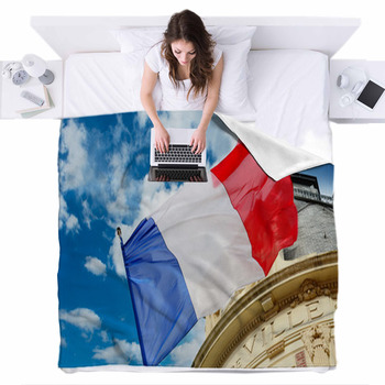 French Flag Waiving Over Some Hotel Fleece Bed Blanket