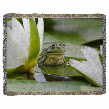 Frog Among White Lilies Woven Throw Blanket