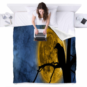 Full Moon Behind The Tree And A Fleece Bed Blanket