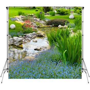 Garden With Pond In Asian Style Fleece Backdrop