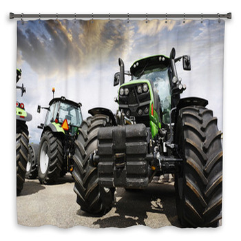 Giant Tractors Set Against A Custom Size Shower Curtain