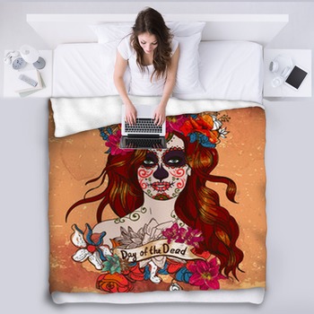 Girl With Sugar Skull Day Of The Dead Fleece Blanket