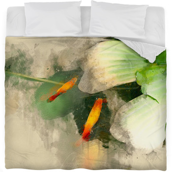 Goldfish Swim Near Water Lily Fleece Bed Blanket