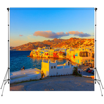 Greece Mykonos, Sunset On Little Custom Size Backdrop