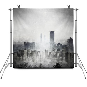 Grunge Black And White City Skyline Fleece Backdrop