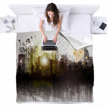 Grunge City Panorama. Fleece Bed Blanket