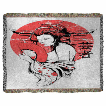 Grunge Japanese Sun Geisha Woman  Woven Throw Blanket