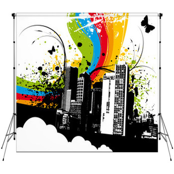 Grunge Rainbow City Fleece Backdrop