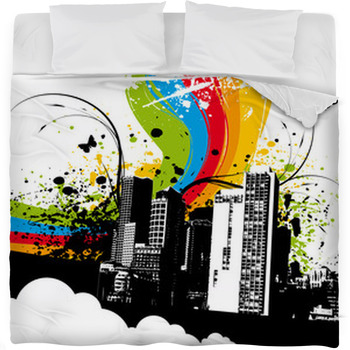 Grunge Rainbow City Fleece Bed Blanket