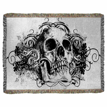 Grunge Skull Floral Illustration Woven Throw Blanket