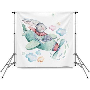 Hand Drawing Fly Cute Easter Pilot  Pole Pocket Backdrop