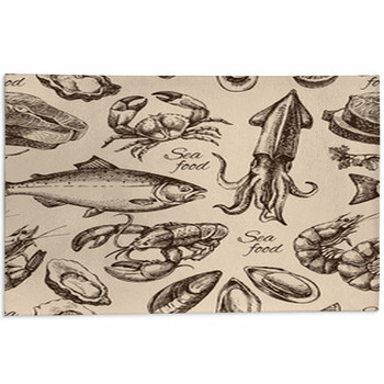 Hand Drawn Sketch Seafood Seamless Pattern. Area Rug