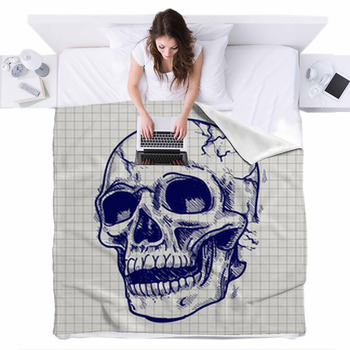 Hand Drawn Skull Sketch Vector On Fleece Bed Blanket
