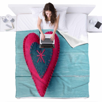 Handmade Felt Heart On Pastel Wooden  Fleece Bed Blanket