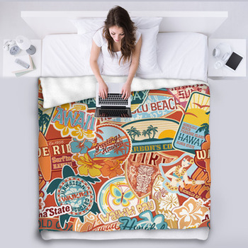 Hawaii Stickers Patchwork Seamless Pattern Fleece Blanket