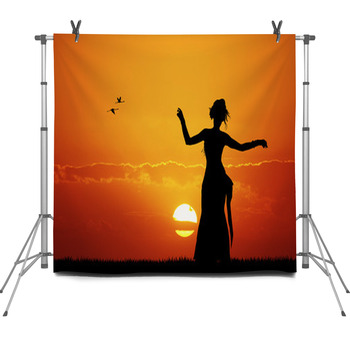 Hawaiian Dancing Woman Sunset Silhouette Fleece Backdrop