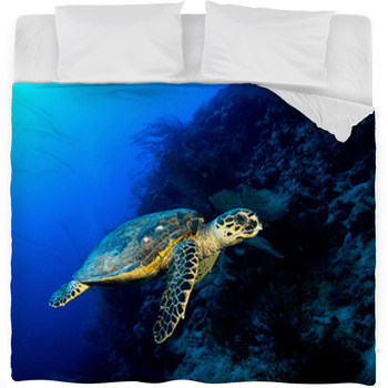 Hawksbill Turtle In Deep Blue, Red Fleece Bed Blanket