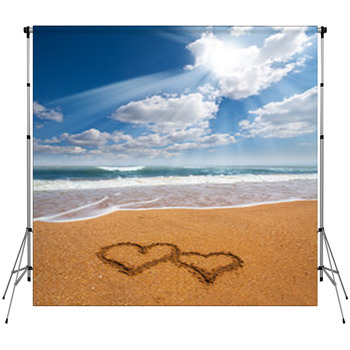 Hearts Drawn On The Sand Of A Beach Custom Size Backdrop