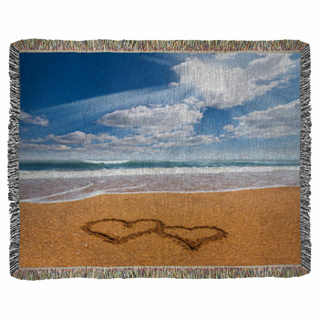 Hearts Drawn On The Sand Of A Beach Woven Throw Blanket