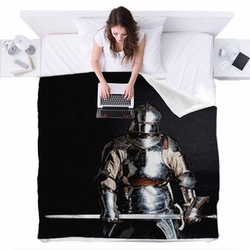 Heavy Armoured Man Holding His Sword Fleece Bed Blanket