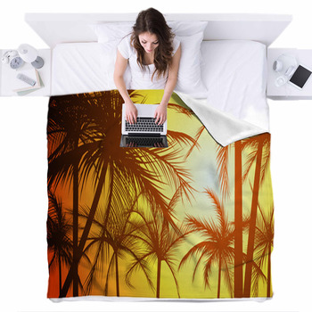Horizontal Illustration Silhouettes Fleece Bed Blanket