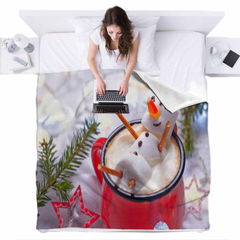 Hot Chocolate With Melted Snowman Fleece Bed Blanket