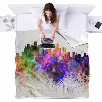Houston Skyline In Watercolor Fleece Bed Blanket