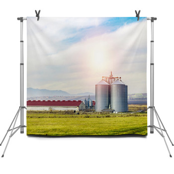 Industrial Place Two Huge Metal Silo Fleece Backdrop