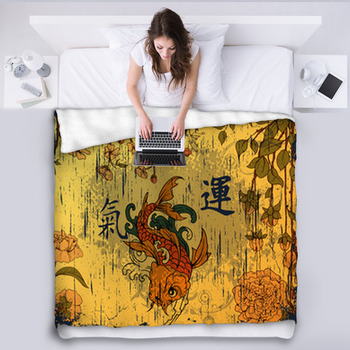 Japanese Background With Koi Fish Fleece Blanket