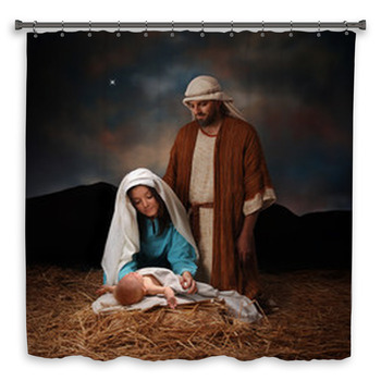Waterproof Bathroom Shower Curtain Nativity of Jesus Scene Manger Three Kings 