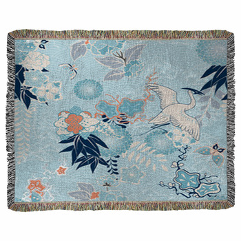 Kimono Background With Crane And Woven Throw Blanket