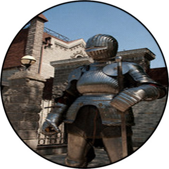 Knight In The Ancient Metal Armor Standing Round Rug