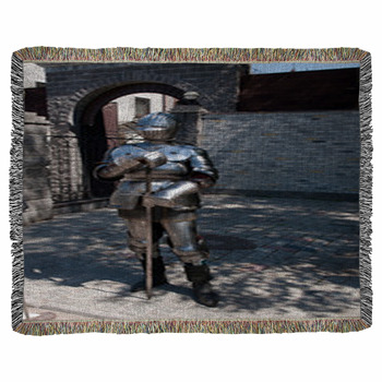 Knight In The Ancient Metal Armor Woven Throw Blanket