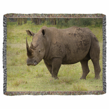 Large Bull Rhino On Grasslands Woven Throw Blanket