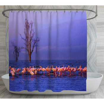 Large Group Of Pink Flamingoes In The Shower Curtain