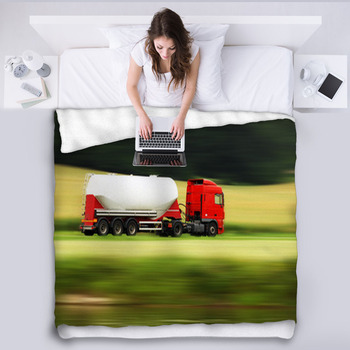 Large White Cistern Truck Speeding On Fleece Blanket