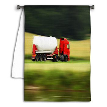 Large White Cistern Truck Speeding On Highway Towel