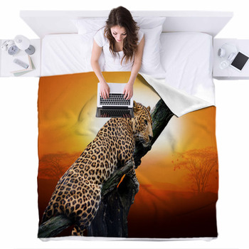 Leopard On A Branch With Desert Fleece Bed Blanket