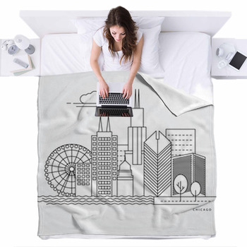 Linear Illustration Of Chicago Usa Fleece Bed Blanket