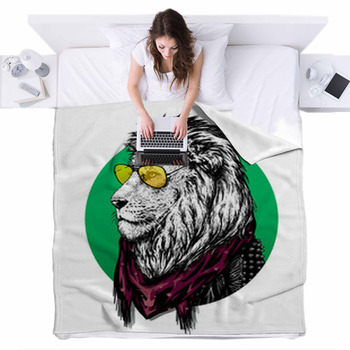 Lion In Glasses And Color Scarf With  Fleece Bed Blanket