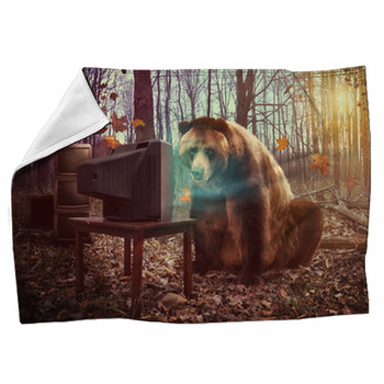 Lonely Bear Watching Television In Woods Fleece Blanket