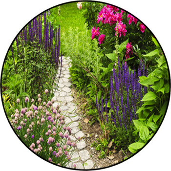Lush Blooming Summer Garden With Paved Path Round Rug